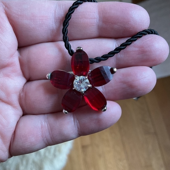 Sterling Silver 925 Red/White Crystals with silk cord necklace New - Picture 4 of 10